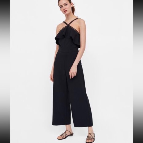 Zara Pants - Zara Black Lace Trim Wide Leg Crop Jumpsuit